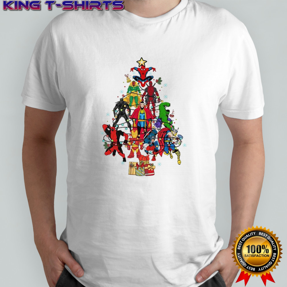 Christmas tree made up of Marvel Comics superheroes shirt