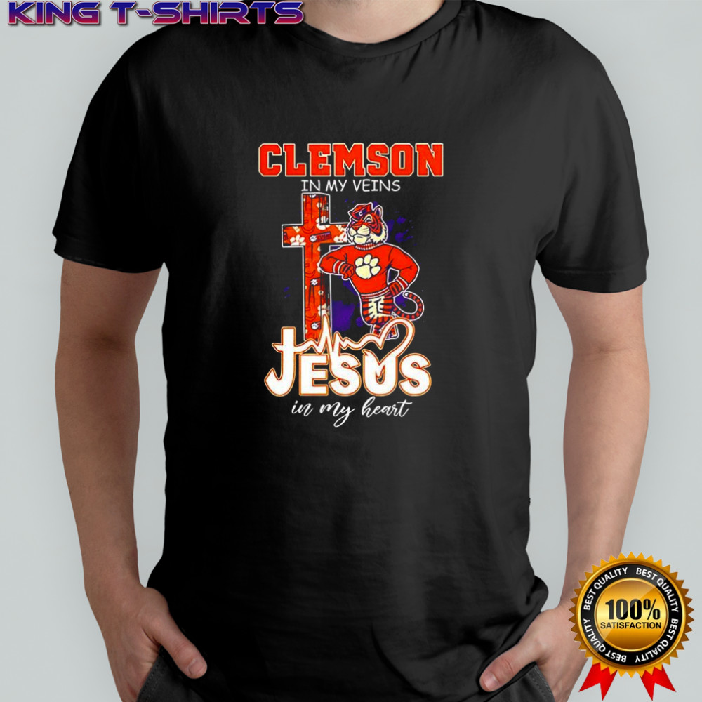 Clemson Tigers football in my veins and Jesus in my heart Christian mascot shirt