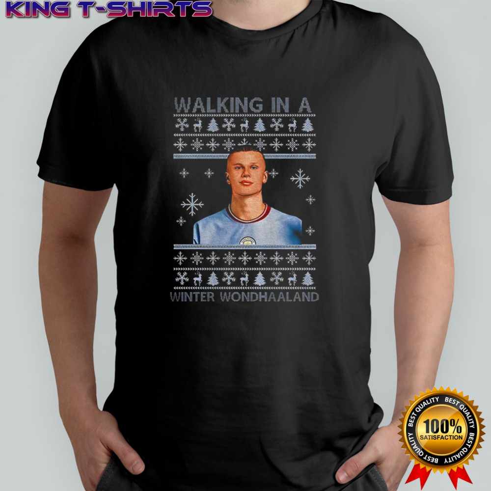 Erling Haaland Manchester City FC walking in a winter wondhaaland Christmas shirt