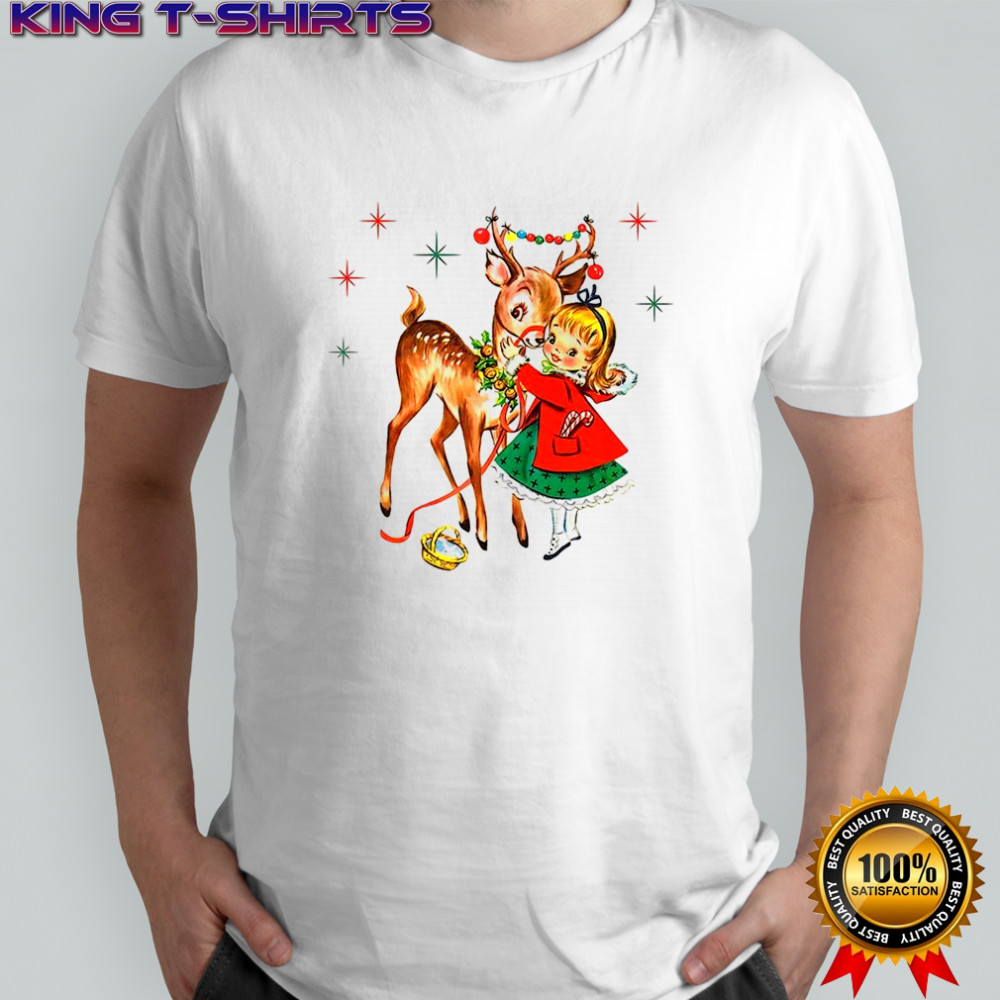 Girl and reindeer merry Christmas shirt