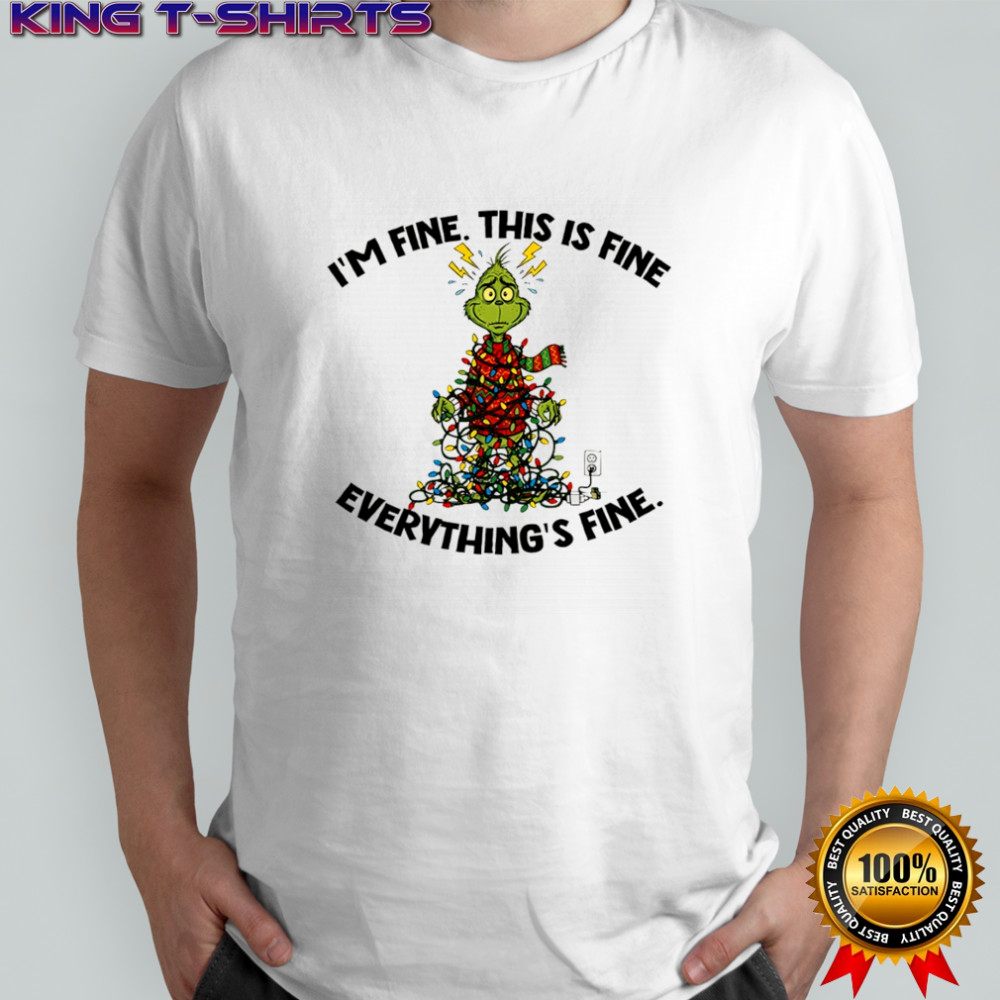 Grinch Christmas tree I’m fine this is fine everything’s fine Santa shirt