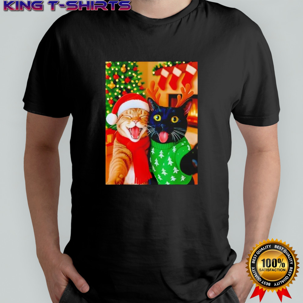 Meme Cat Taking A Selfie Christmas Xmas Lights Holiday shirt