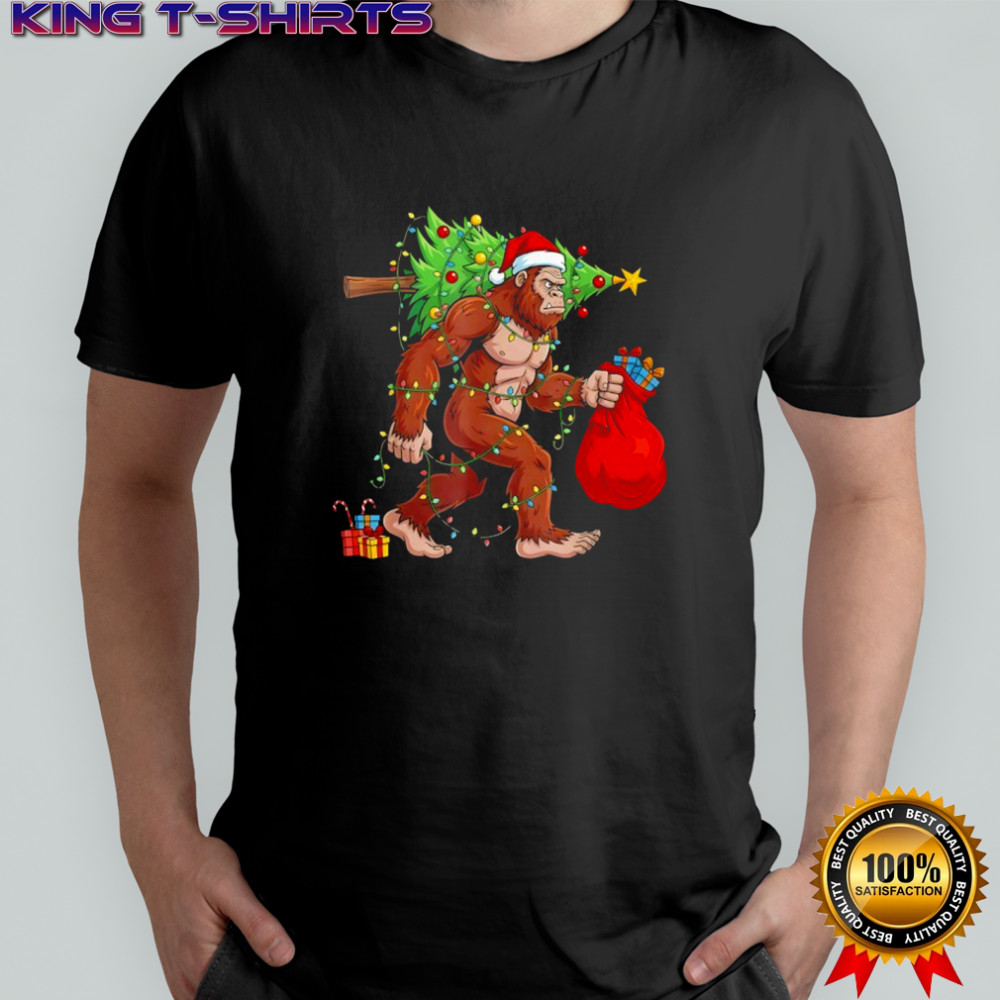Santa Bigfoot Christmas Tree Lights Xmas shirt