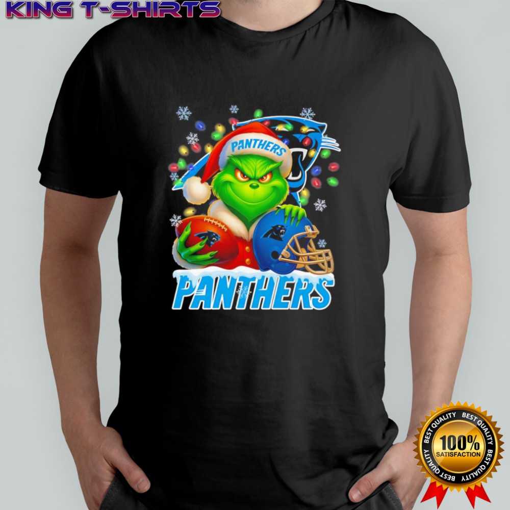 Santa Christmas Grinch Carolina Panthers holding helmet football shirt