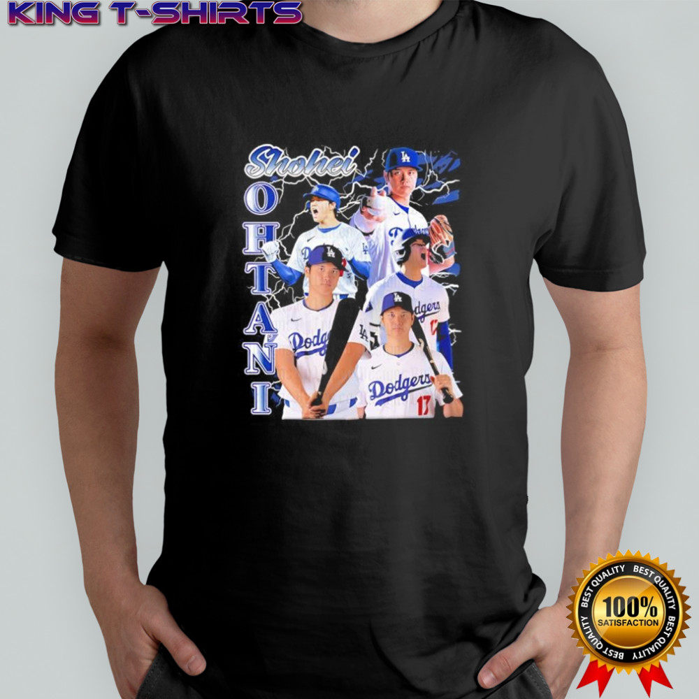 Shohei Ohtani in a Los Angeles Dodgers players graphic shirt