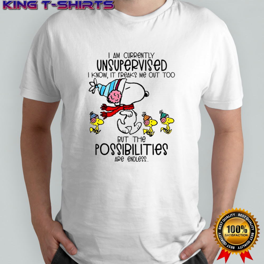 Snoopy and Woodstock I am currently unsupervised I know it freaks me out too but the possibilities are endless shirt