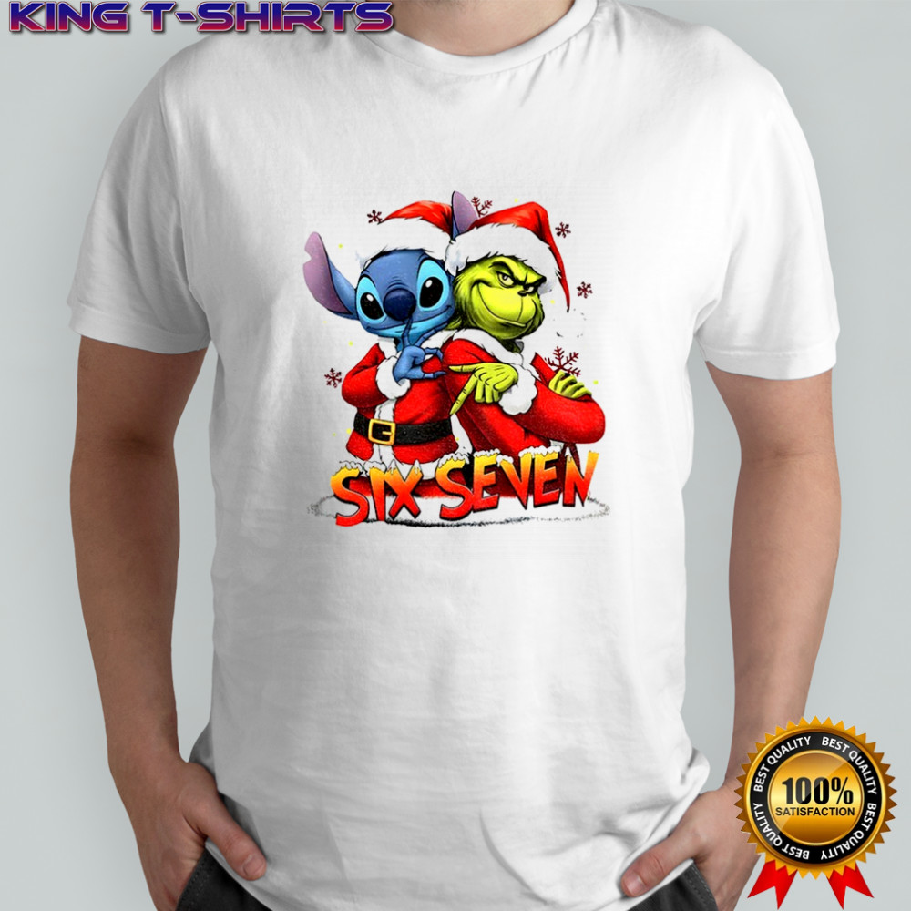 Stitch and Grinch Santa hat Six Seven meme Merry Christmas shirt