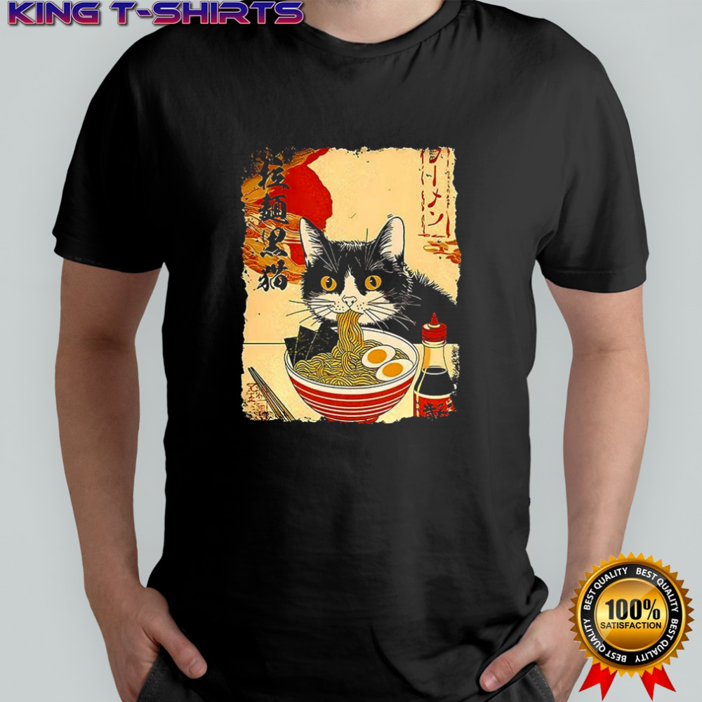Black cat eats ramen Japanese ukiyo-e retro shirt