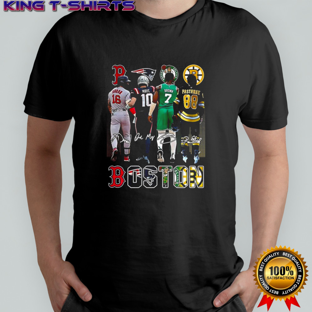 Boston sports teams Red Sox Patriots Celtics Bruins logo and player signature shirt