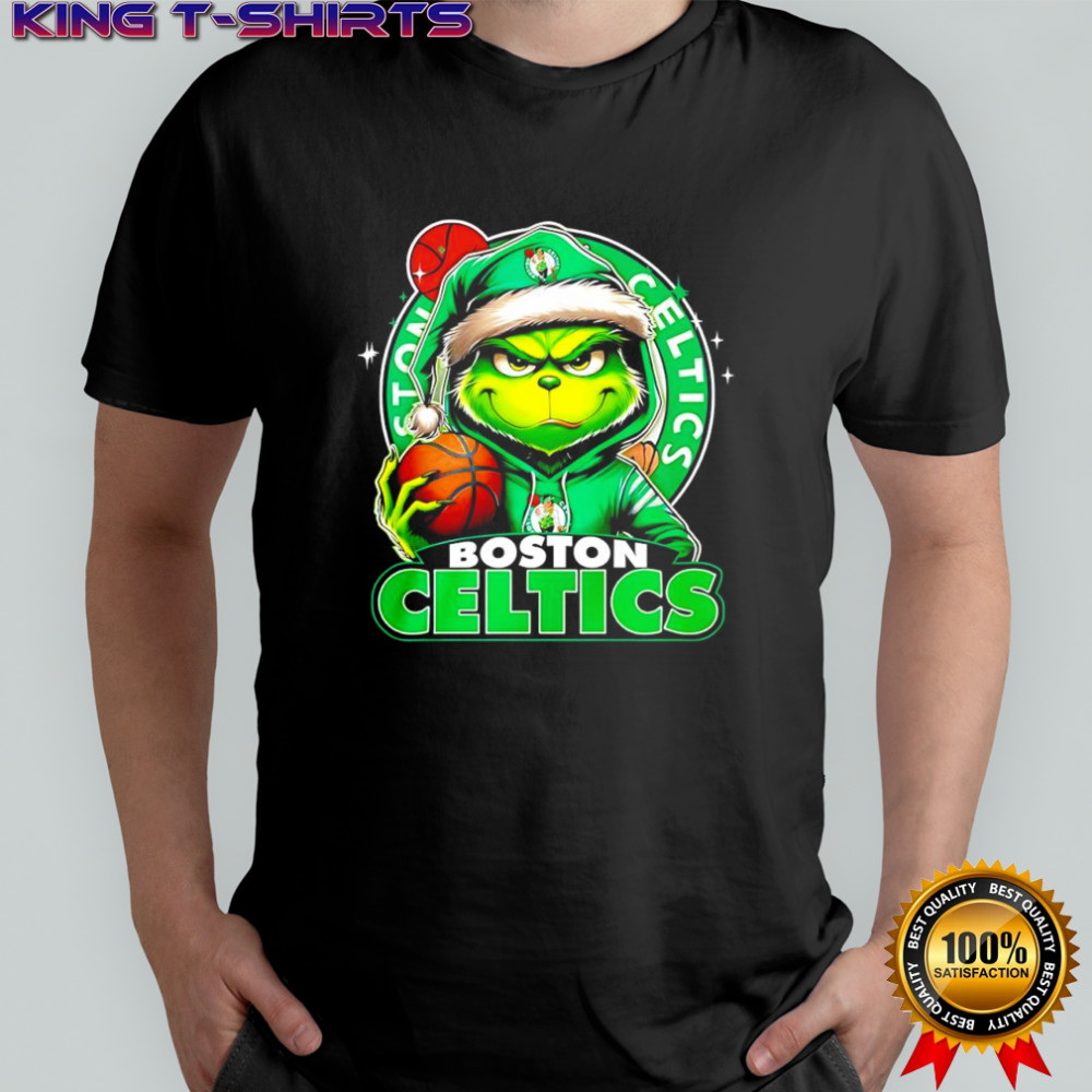 Grinch wearing Santa x Boston Celtics hat Christmas shirt