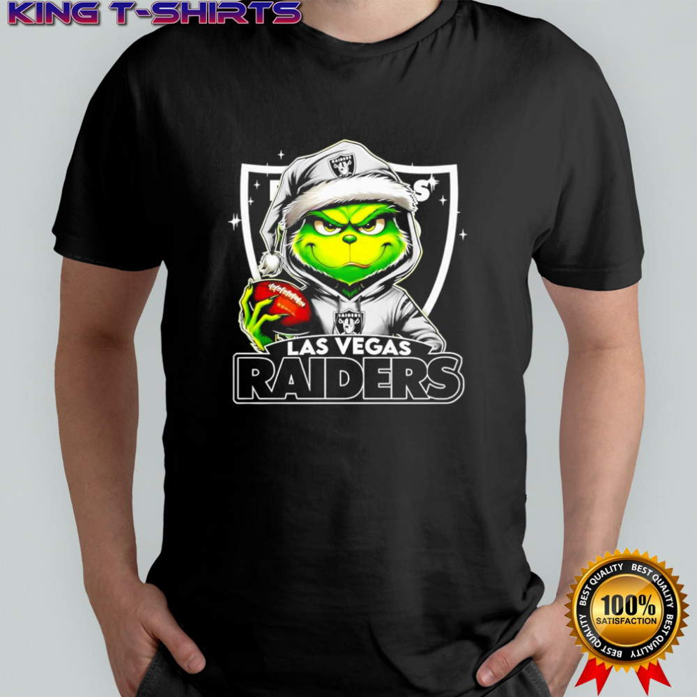 Grinch wearing Santa x Las Vegas Raiders hat Christmas shirt