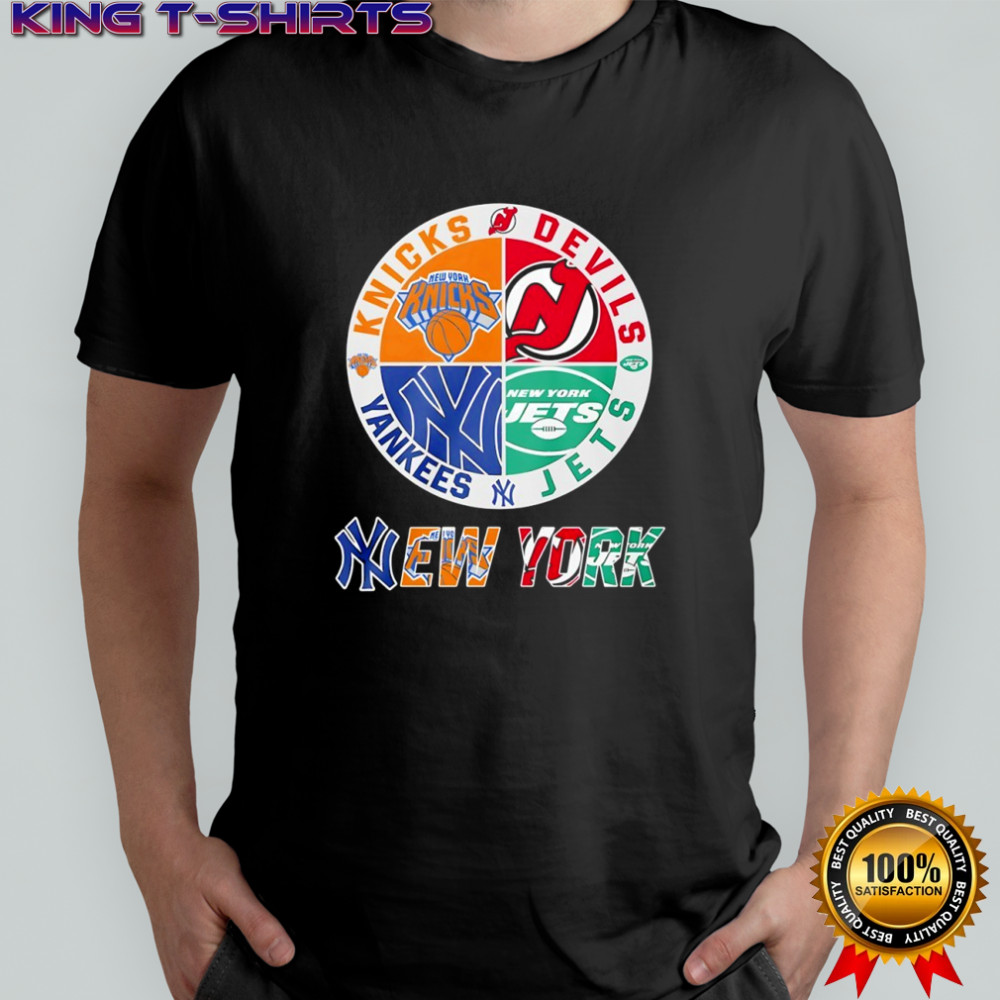 New York Knicks New Jersey Devils York Yankees New York Jets mashup logo shirt
