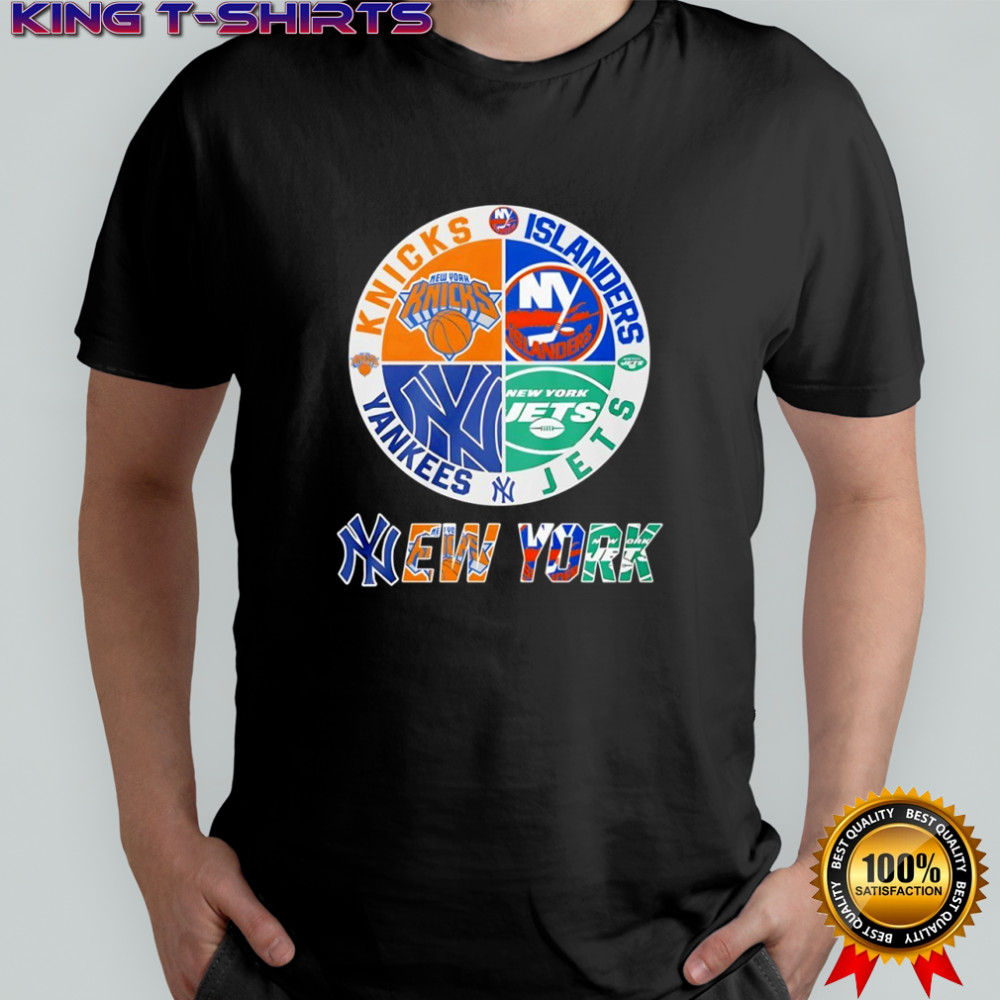 New York Knicks New York Islanders New York Yankees and New York Jets mashup logo shirt