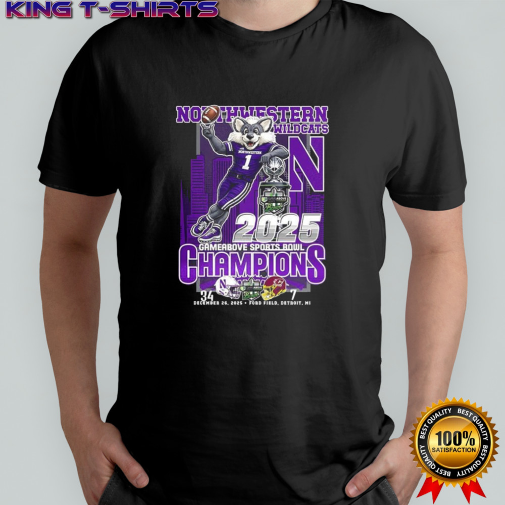 Northwestern Wildcats GameAbove Sports Bowl 2025 trophy mascot skyline final score shirt