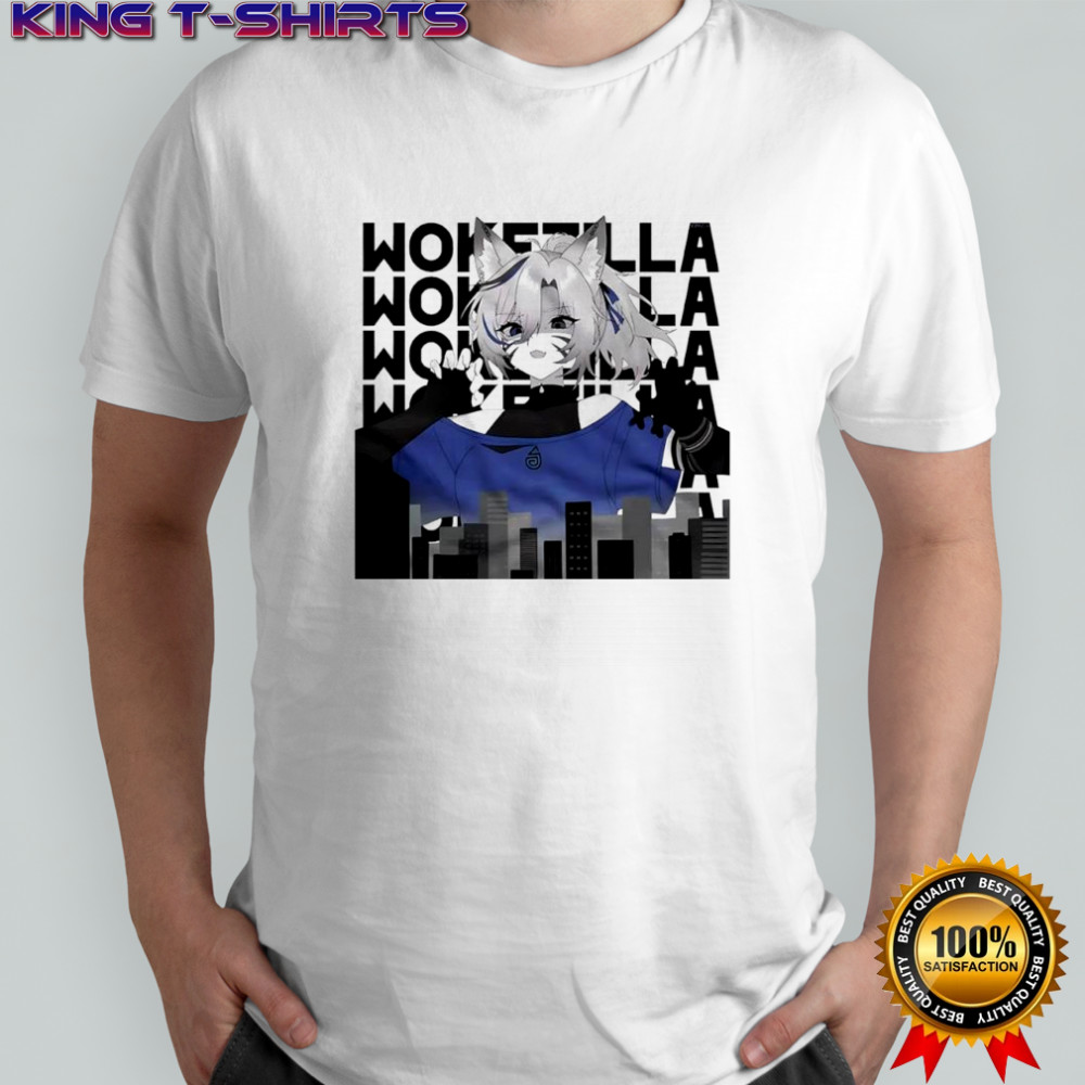 Nyara’s VTuber towering over a city skyline wokezilla shirt