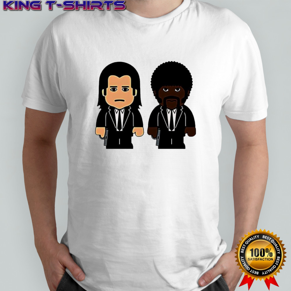 Samuel L Jackson wearing Pulp fiction Jules Winnfield and Vincent Vega cartoon shirt