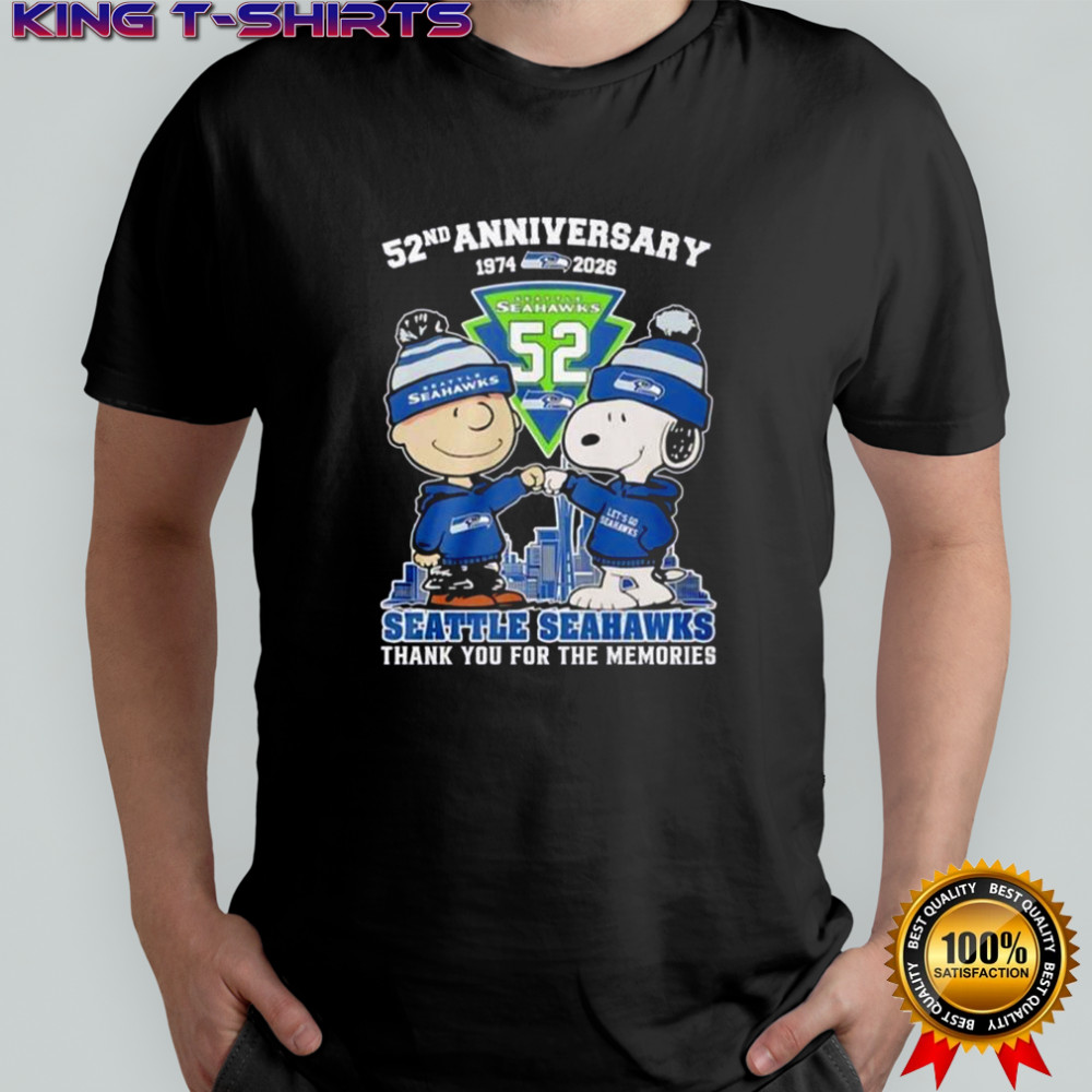 Seattle Seahawks Outfit With Snoopy And Charlie Brown 52nd Anniversary 1974 2026 T-Shirt