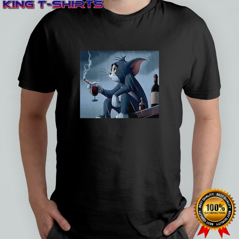 Tom pensive and sad smoking in the rain cartoon shirt