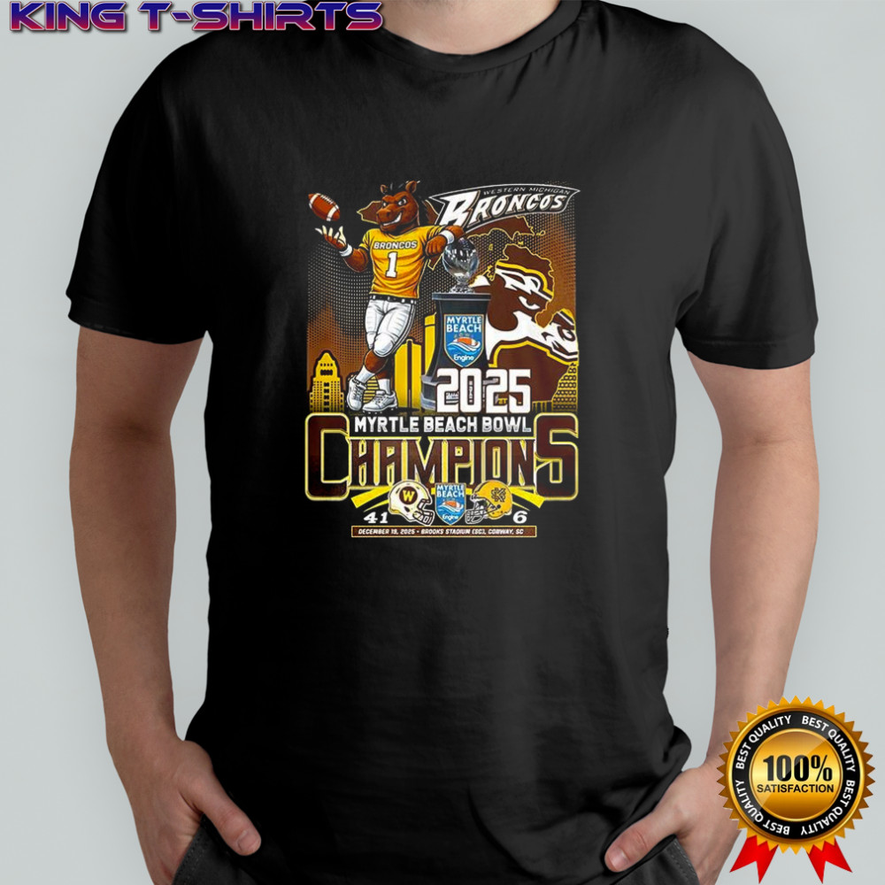 Western Michigan Broncos 2025 Myrtle Beach Bowl Champions mascot celebration final score shirt