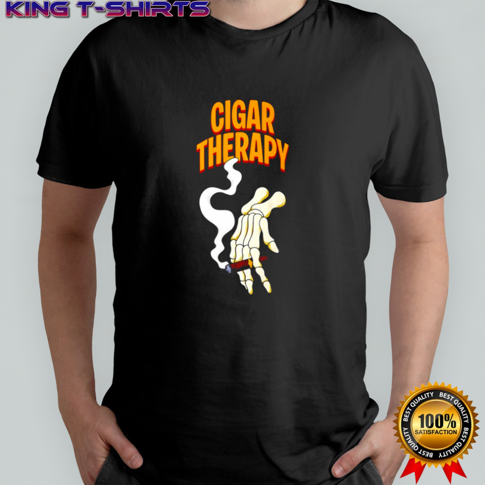 Cigar Therapy skeleton hand holding a cigar shirt