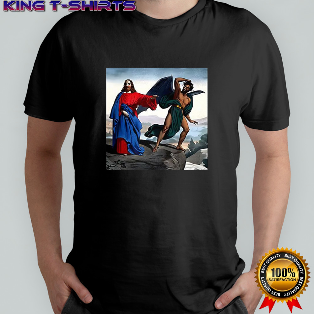 Jesus Satan tempts Christ on the mountain graphic shirt