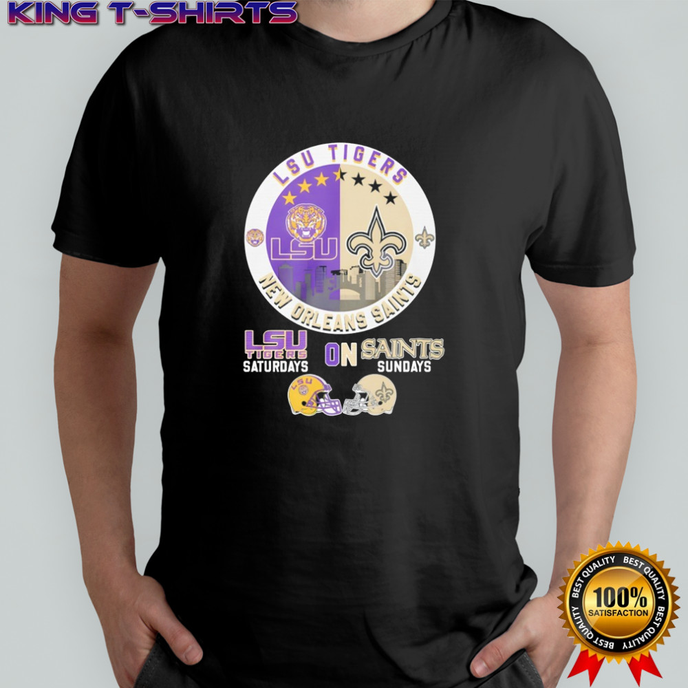 LSU Tigers on Saturdays and New Orleans Saints on Sundays helmet logo mashup shirt