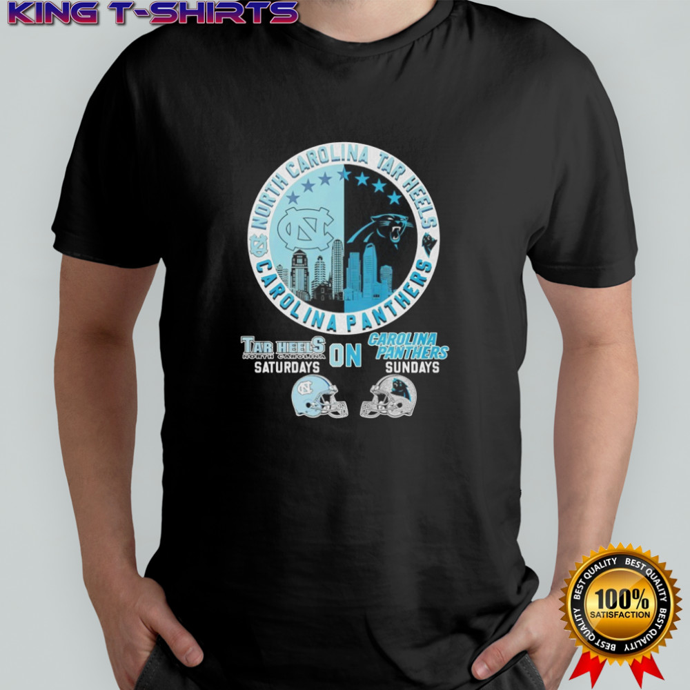 North Carolina Tar Heels on Saturdays and Carolina Panthers on Sundays helmet logo mashup shirt