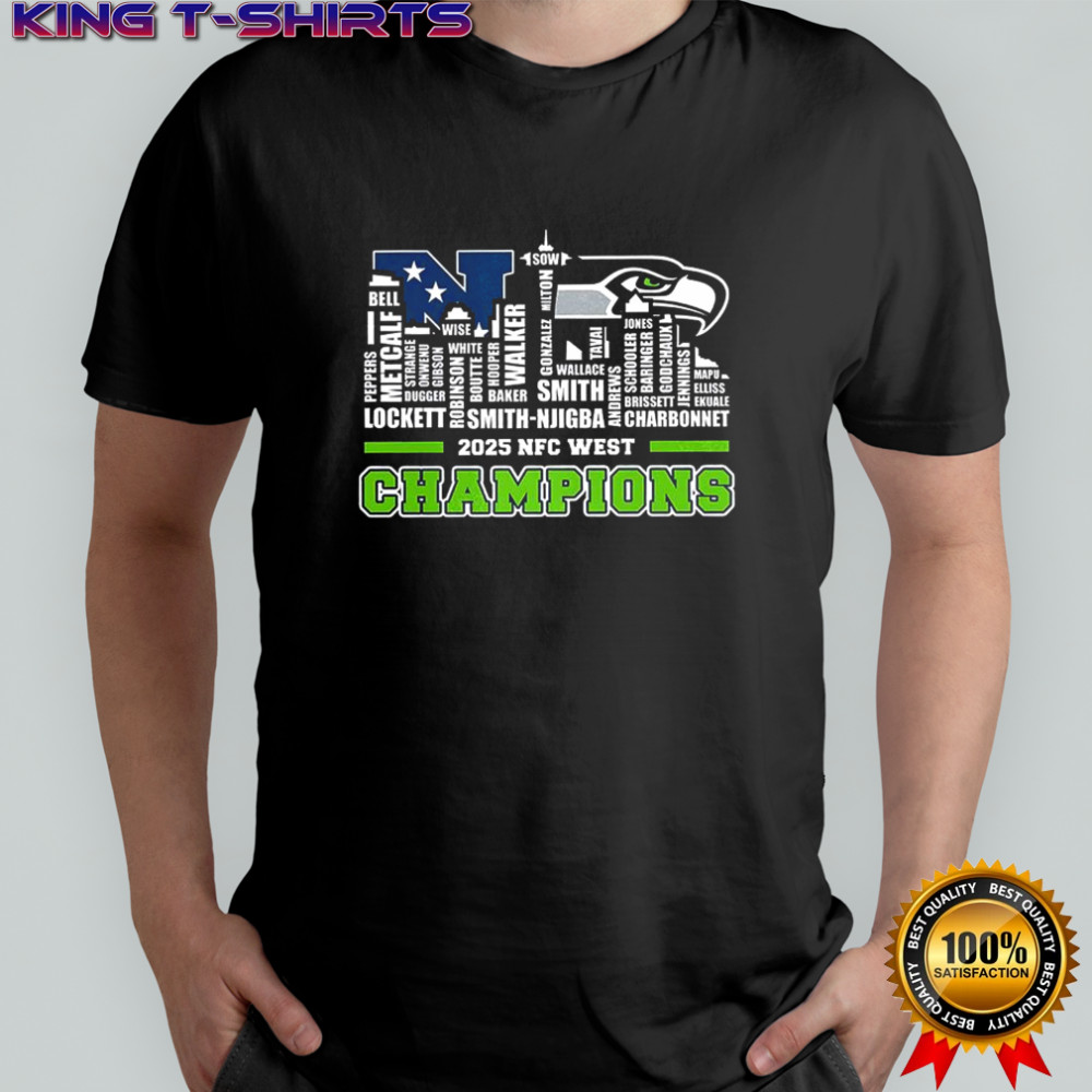 Seattle Seahawks NFC West 2025 Champions name player city skyline shirt