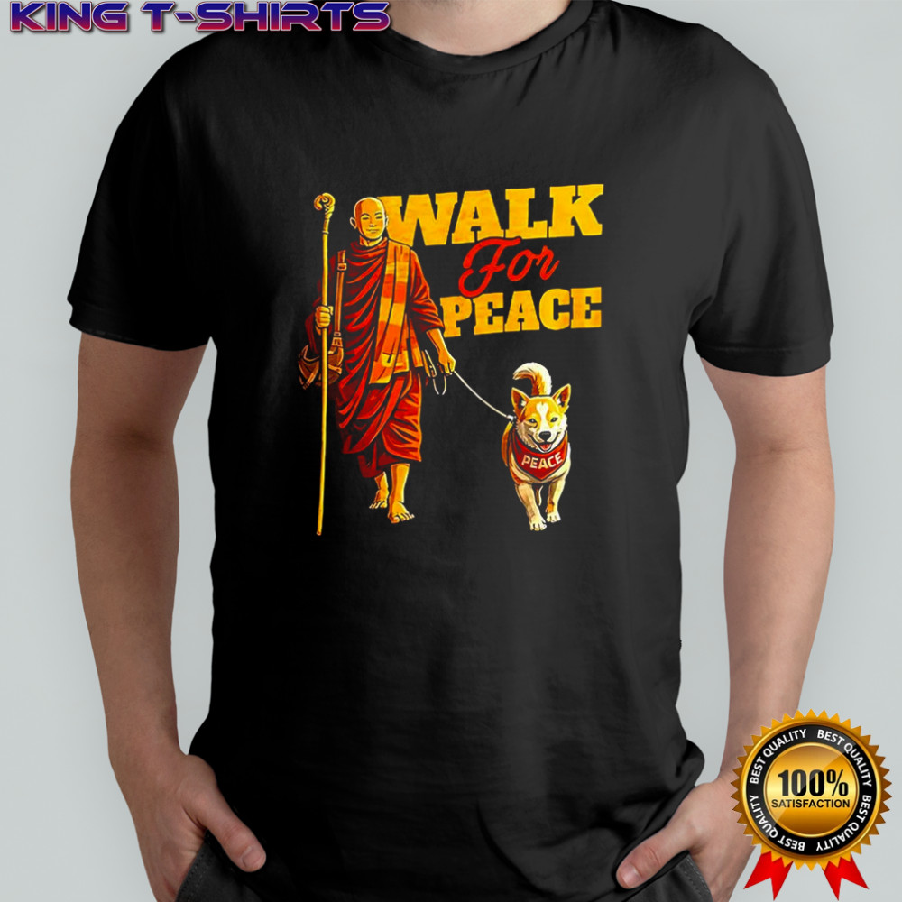Walk for peace monks with Aloka dog pilgrimage shirt